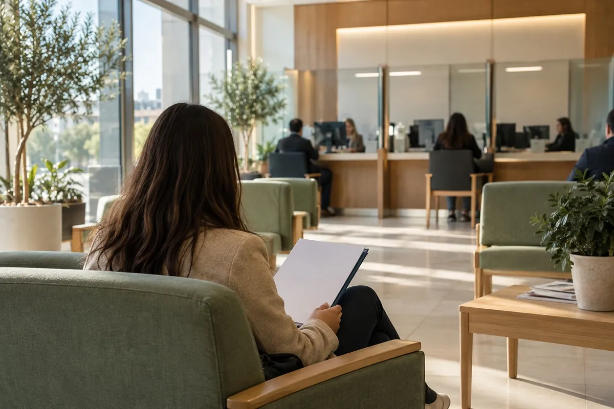 Vize başvuru merkezinde sıra bekleyen, elinde dosya tutan başvuru sahibi